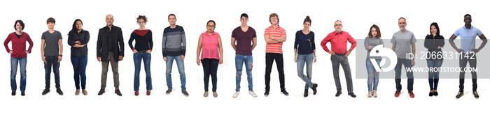 large group of people wearing blue jeans on white background