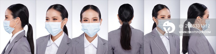 Asian Woman portrait rear side back view turn 360 protective face mask