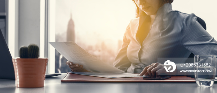 Business executive checking financial reports in the office