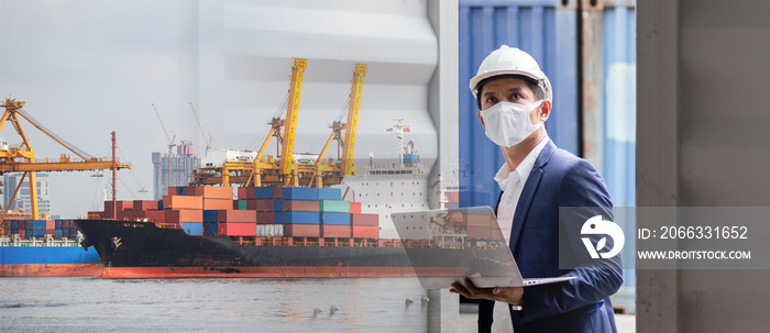 Double exposure of foreman engineer man wear face mask and safety helmet using laptop checking containers in cargo ship for import export, Industrial container cargo concept.