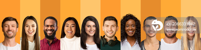 Multiethnic community concept. Collage of positive diverse people faces over color studio backgrounds, panorama