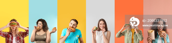 Many people with tasty burgers on colorful background