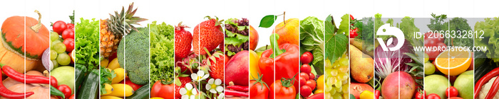 Panorama of multicolored fresh fruits and vegetables separated vertical lines isolated on white