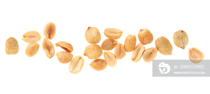 Salted roasted peanuts isolated on a white background, top view.