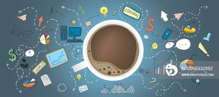 Start up concept with creative illustration of business process icons, top view on coffee in white cup and lots of social symbols