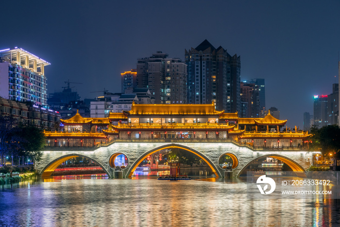 Chengdu Anshun bridge and Jinjiang river at night, Sichuan province, China