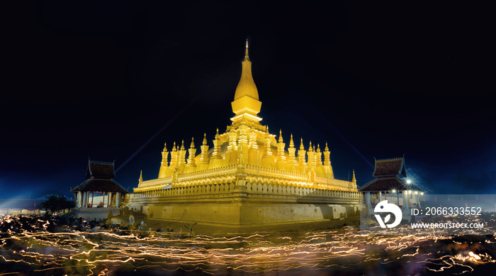 Pha That Luang is a gold-covered large Buddhist stupa in the centre of the city of Vientiane, Laos. Pha That Luang Temple, The Golden Pagoda in VIENTIANE ,LAOS PDR.