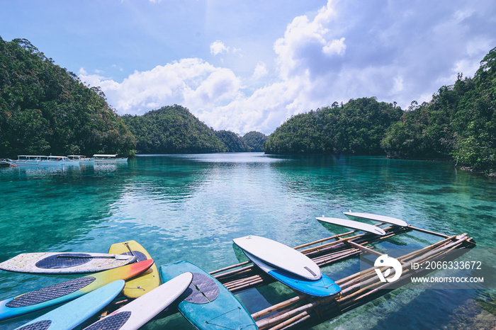 Sugba lagoon, tourists attraction. Beautiful landscape with blue sea lagoon, National Park, Siargao Island, Philippines.