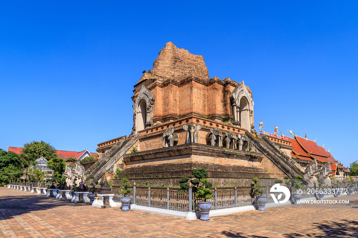 Wat Chedi Luang Temple, famous ruined ancient pagoda in Chiang Mai, north of Thailand