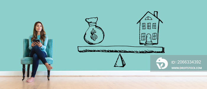 House and money on the scale with young woman holding a tablet computer