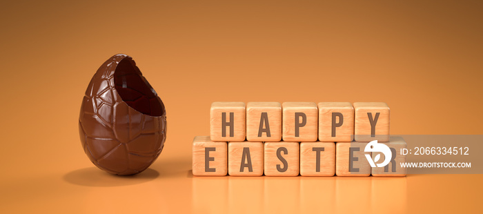 chocolate easter egg with cubes and the message HAPPY EASTER on orange background