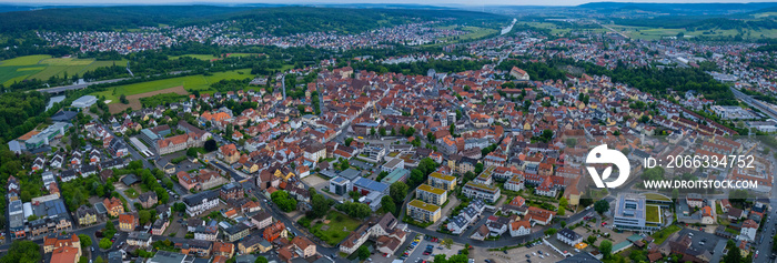 Aerial view of the city Forchheim in Germany, on a cloudy morning in spring.