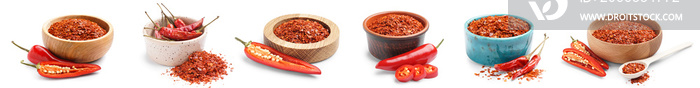 Set of red chili flakes in bowls on white background