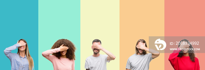 Collage of group of young people over colorful vintage isolated background smiling and laughing with hand on face covering eyes for surprise. Blind concept.