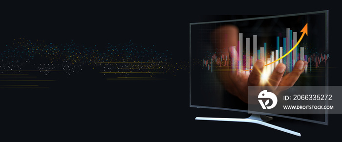 Curved TV 4K flat screen lcd or oled, plasma realistic, White blank HD monitor mockup, Modern video panel white flatscreen on isolated white background. with Hand holding the glow light Data digital.