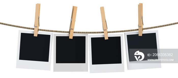 Blank instant photo hanging on the clothesline, 3D rendering