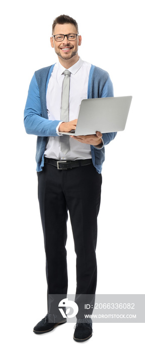 Handsome male teacher with laptop on white background