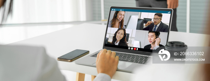 Business people in video call meeting proficiently discuss business plan in office and virual workplace . Telework conference call using smart video technology to communicate colleague .