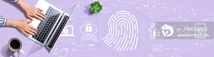 Fingerprint scanning theme with person using a laptop computer