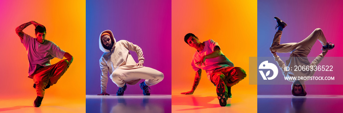 Composite image with men dancing breakdance isolated on gradient orange and purple background.