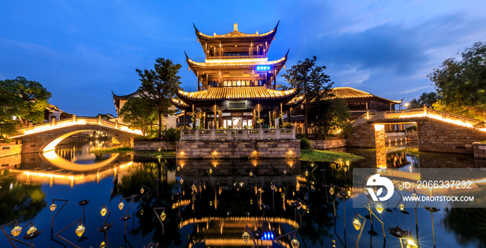 Chinese traditional pavilion building in jiaxing, China. ancient Chinese architecture at night.