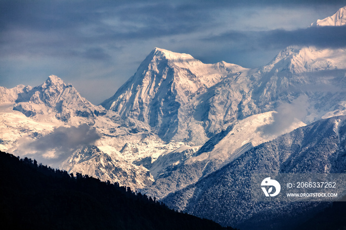 Kangchenjunga close up view from Pelling in Sikkim, India. Kangchenjunga is the third highest mountain in the world.