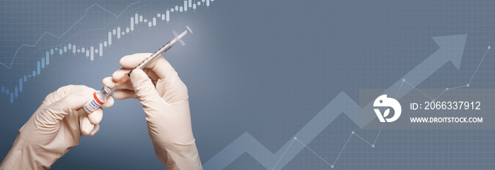 Global economy recovery after Covid 19 vaccines. Hands of a researcher in medical gloves takes shot from Coronavirus Vaccine vial by needle syringe with graphic stock index chart rising up. Banner.