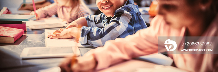 Portrait of smiling schoolboy doing his homework in classroom