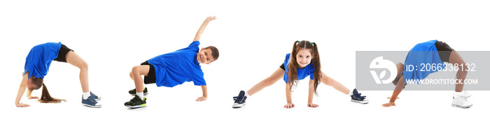 Collage of cute children dancing on white background