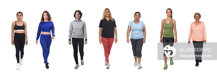 front view group of women in sportswear walk on white background