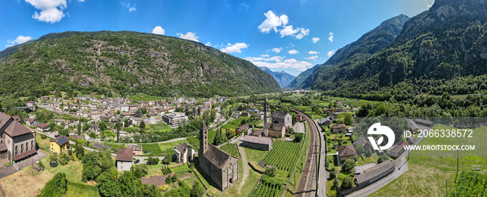 Drone view at the village of Giornico on Switzerland