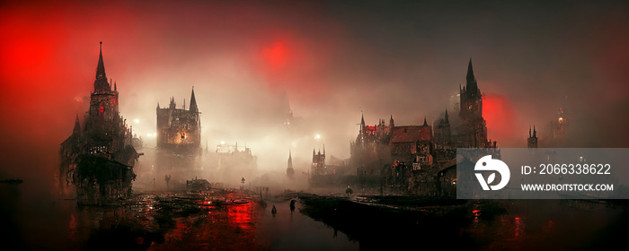 Alte englische Stadt aus dem letzten Jahrhundert mit Nebel und rotem Licht