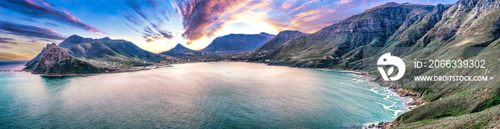 Scenic mountain landscape and sunset view along world famous coastline. Cape Town, South Africa is a wonderful travel destination for nature, adventure and tourism.