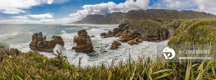 Punakaiki Pancake Rocks with blowholes in the Paparoa National Park, New Zealand