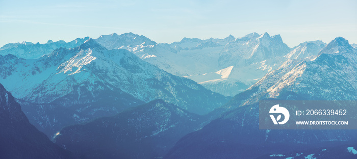 Bavarian sunrise Karwendel mountain chain with a view point from the Herzogstand peak