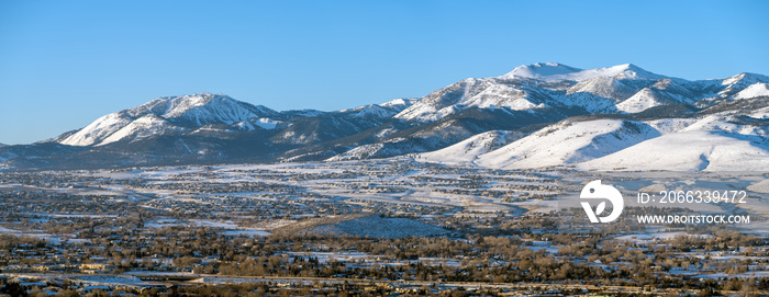 Panoramic view of snow covered Mt. Rose and Slide Mountain, located near Reno Nevada, during winter