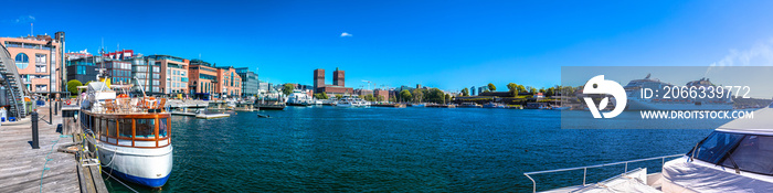 Scenic harbor and waterfront of Oslo in Aker Brygge panoramic view