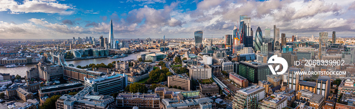 Aerial panoramic scene of the London city financial district with many iconic skyscrapers near river Thames.