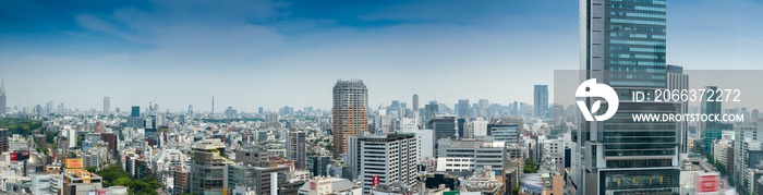 Aerial panoramic view of Tokyo buildings from Shibuya rooftop