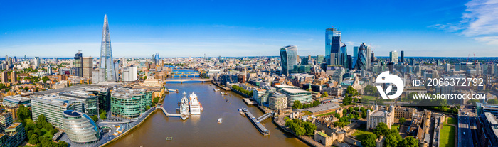 Aerial panoramic cityscape view of London and the River Thames, England, United Kingdom. Close up view of the city of London district.