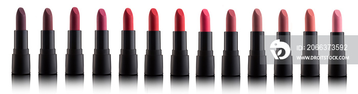 Palette of color lipsticks isolated on white