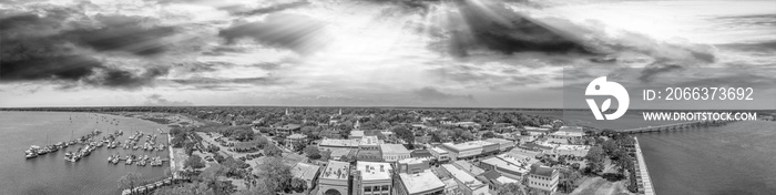 Aerial sunset view of Beaufort, South Carolina. Panoramic picture from drone perspective