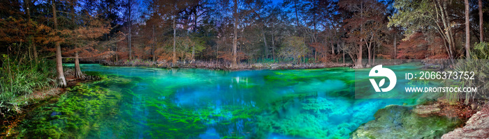 Panoramic of Peacock 2 Springs Illuminated at Night, Wes Skiles Peacock Springs State Park, Florida