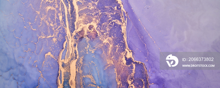 Luxury abstract background in alcohol ink technique, purple gold liquid painting, scattered acrylic blobs and swirling stains, printed materials