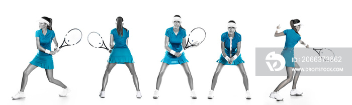 Tennis player with racket. Woman athlete isolated on white background. Tennis set with five players.