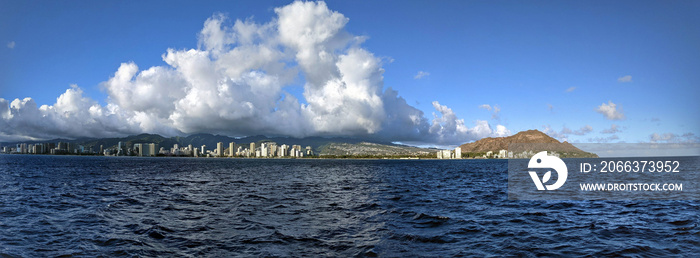 Panoramic of Waikiki, Honolulu, Hotels and Diamond Head Crater during dusk