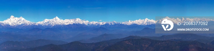 Panoramic view of entire Kumaon Himalaya range notable peaks being Trishul, Nanda Devi, Nanda Kot,  Panchuli as seen from Binsar Uttarakhand.