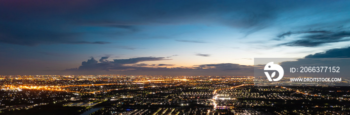 aerial view cityscape concept or abstract of advanced innovation, Majestic sunset or sunrise landscape of City scape and Business District, financial technology, energy power