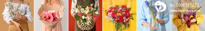 Collage with women holding bouquets of flowers on color background