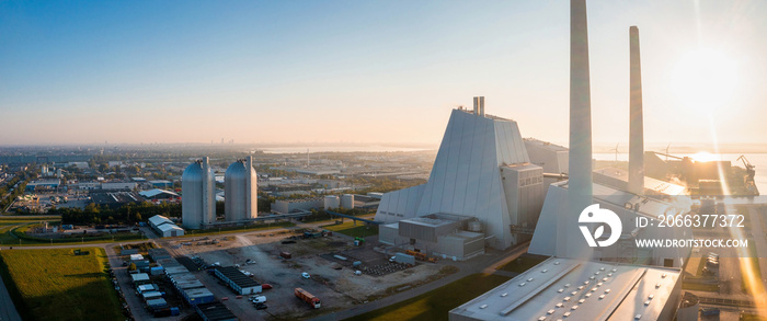 Aerial view of the Power station. One of the most beautiful and eco friendly power plants in the world. ESG green energy.